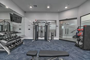 a gym with weights and cardio equipment and a glass door